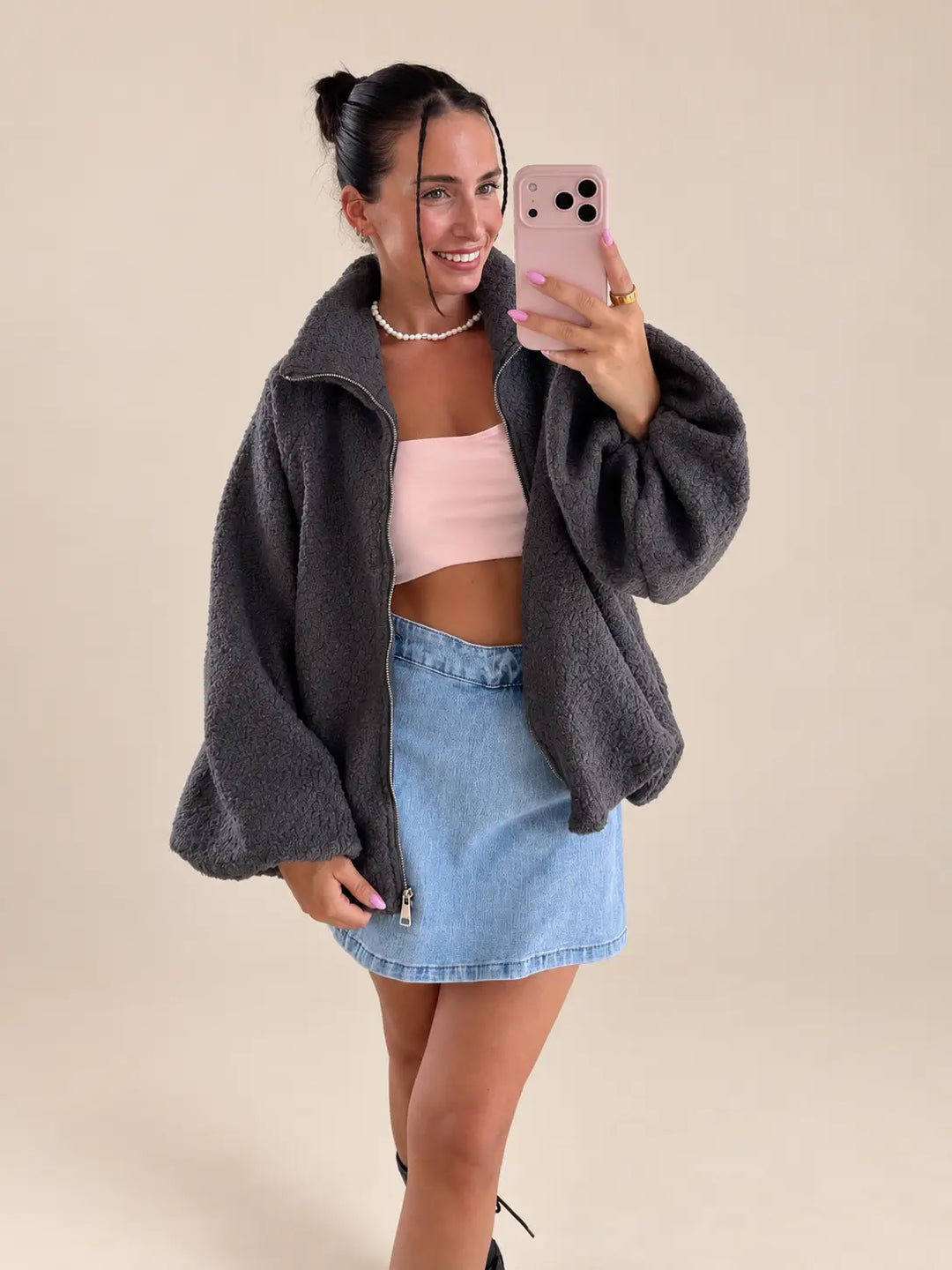 Szara kurtka boucle damska na zamek | Lisa’s Boutique
