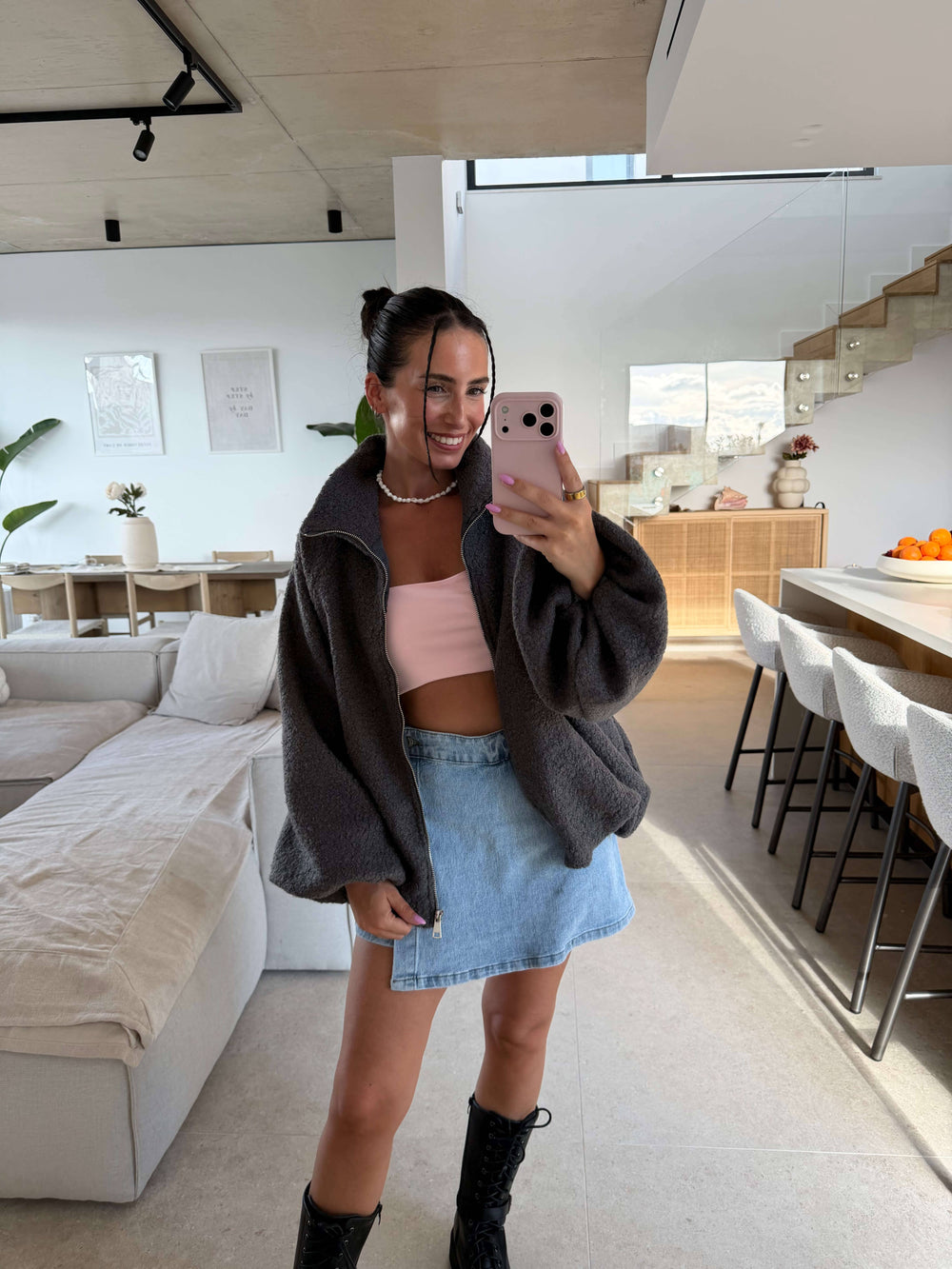 Oversize Jacke Damen in Grau mit Reißverschluss | Lisa’s Boutique