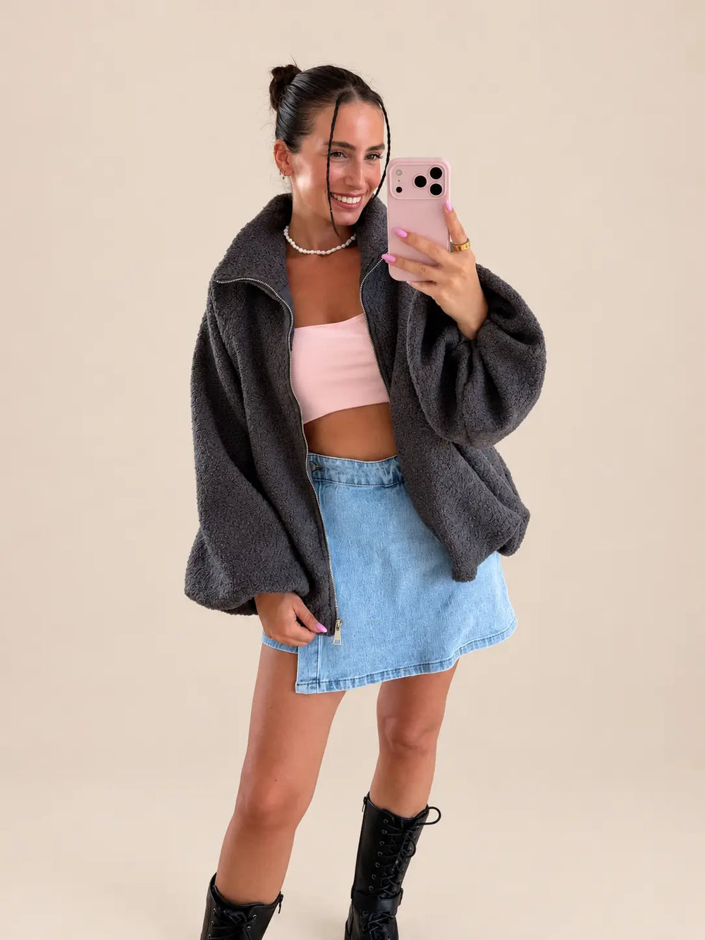 Women’s oversized jacket in Grey with a zip | Lisa’s Boutique