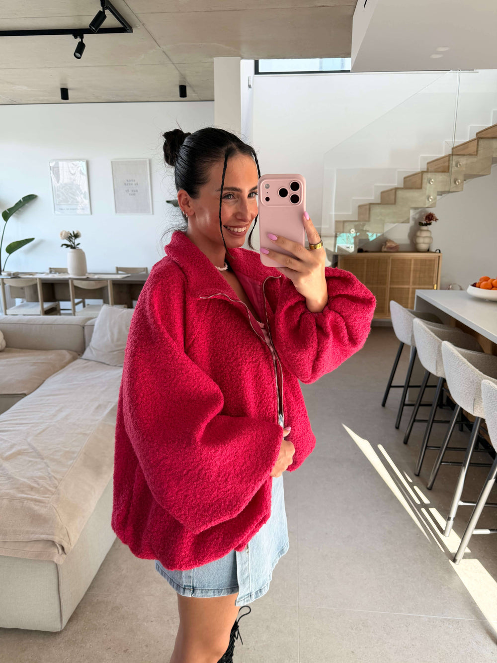 Pinke Bouclé Jacke mit Reißverschluss | Lisa’s Boutique