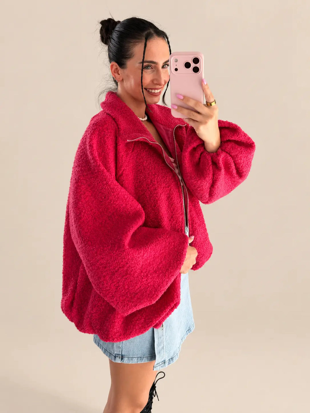 Bouclé jas dames in Felroze met ritssluiting | Lisa’s Boutique