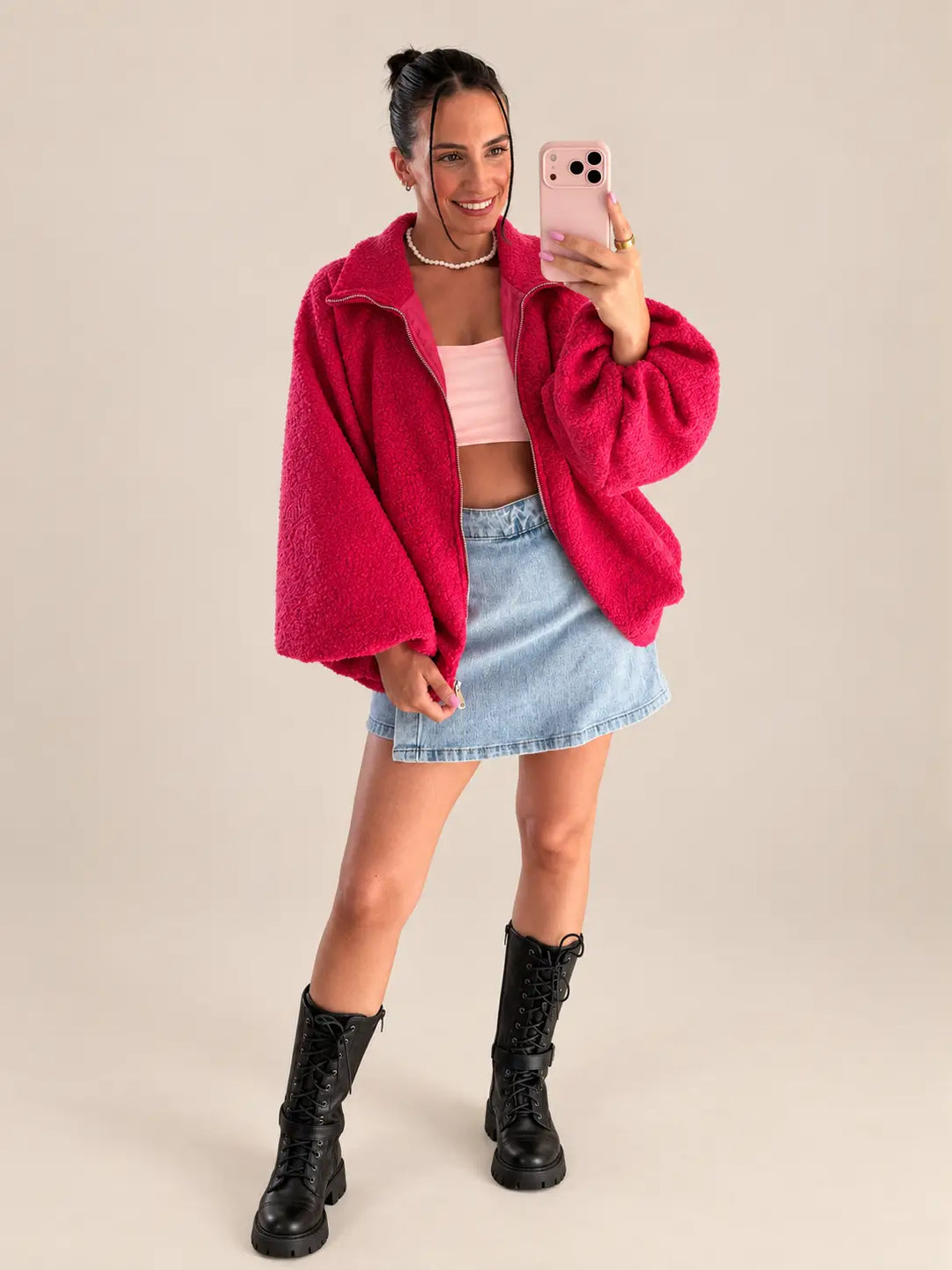 Bouclé jas dames in Felroze met ritssluiting, Achteraanzicht | Lisa’s Boutique