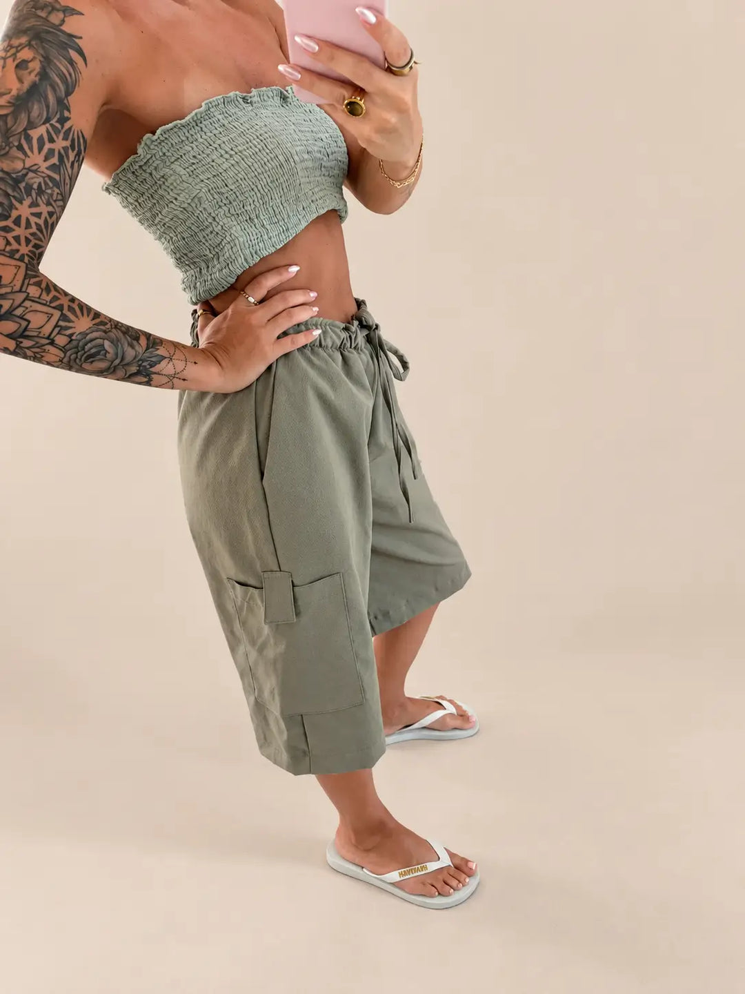 Women’s cargo trousers in Khaki with a patch side pocket and an elastic drawstring waist | Lisa’s Boutique