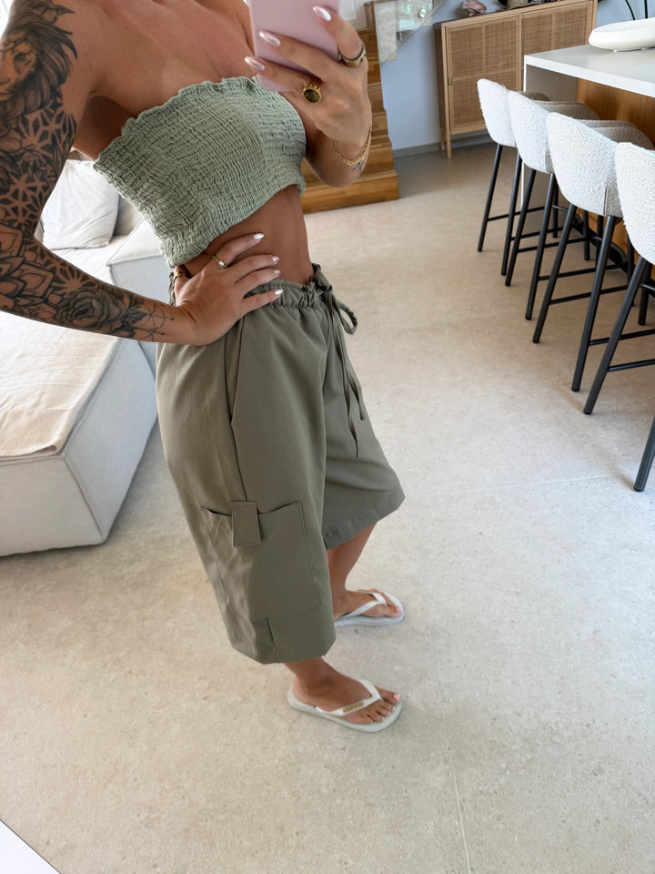 Cargohose Damen in Khaki mit aufgesetzter Seitentasche und elastischem Bindebund | Lisa’s Boutique