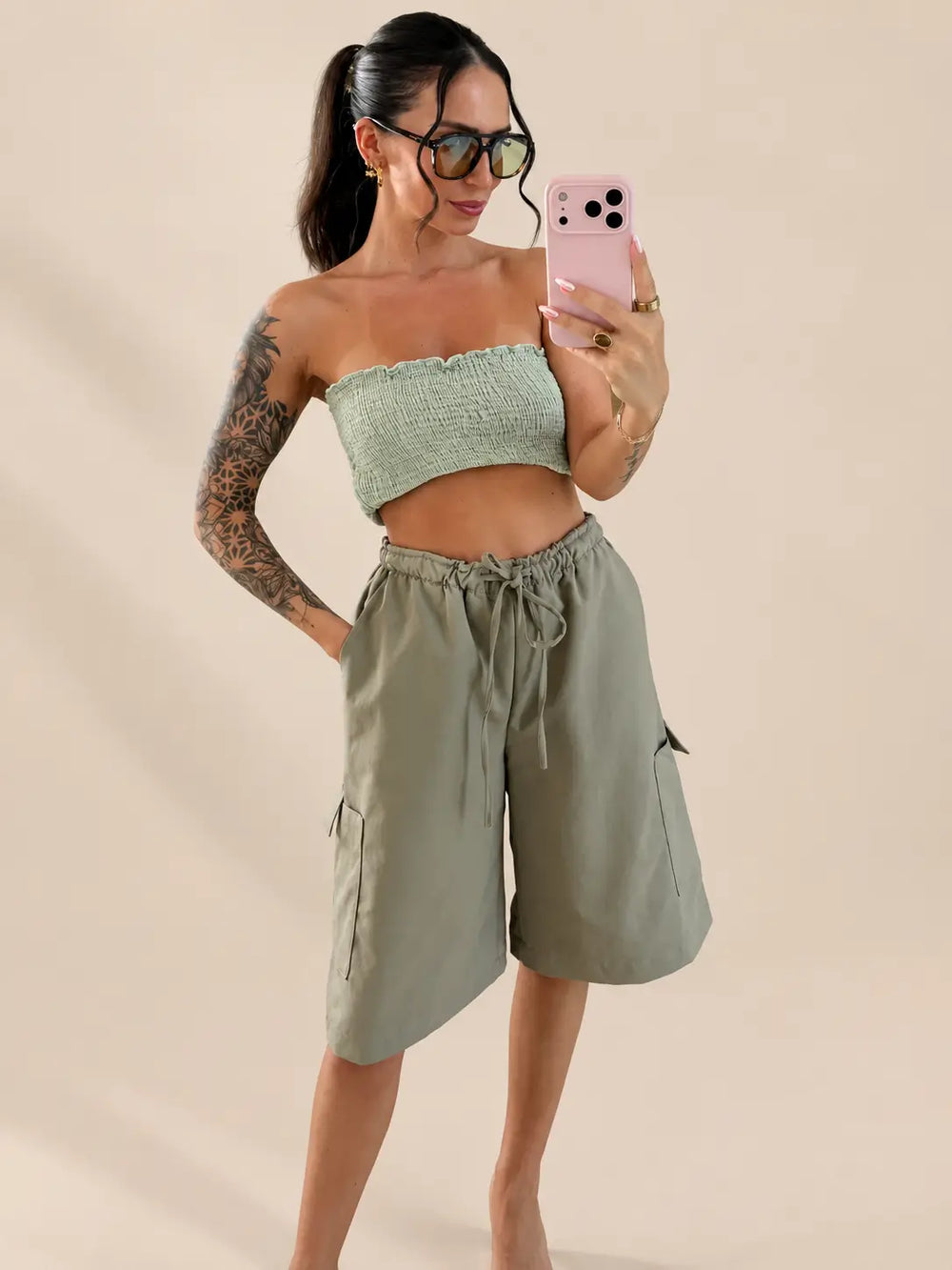 Women’s cargo trousers in Khaki with a drawstring waist, styled in an outfit | Lisa’s Boutique