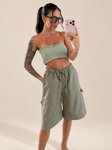 Women’s cargo trousers in Khaki with patch side pockets and an elastic drawstring waist | Lisa’s Boutique