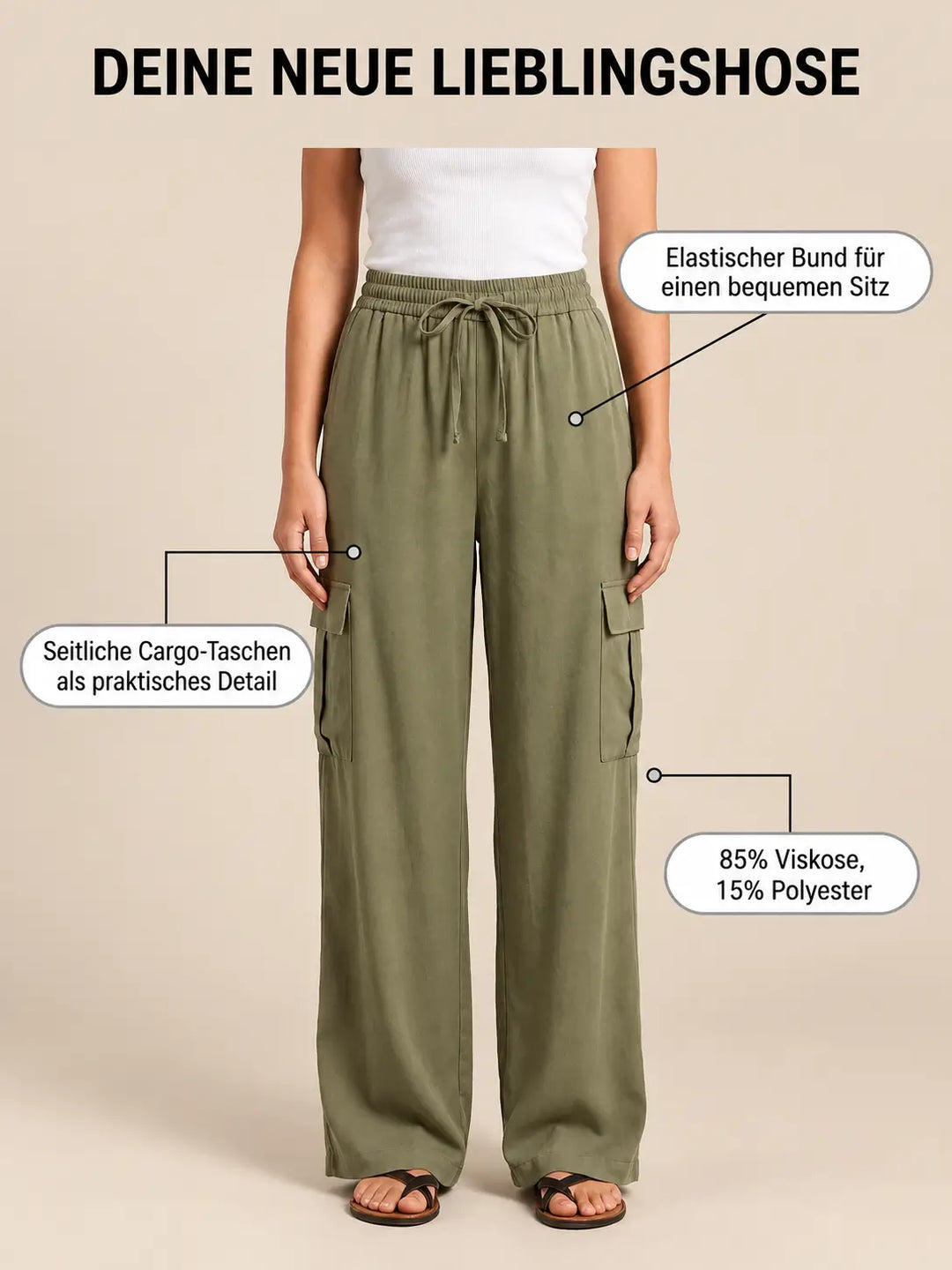 Cargobroek dames in Khaki, Vooraanzicht | Lisa’s Boutique