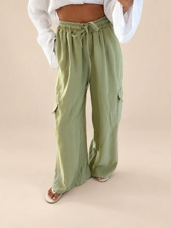 Women’s cargo trousers in Sage, Side view | Lisa’s Boutique