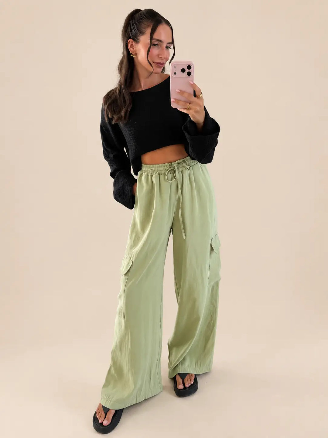 Women’s cargo trousers in Sage with side pockets | Lisa’s Boutique