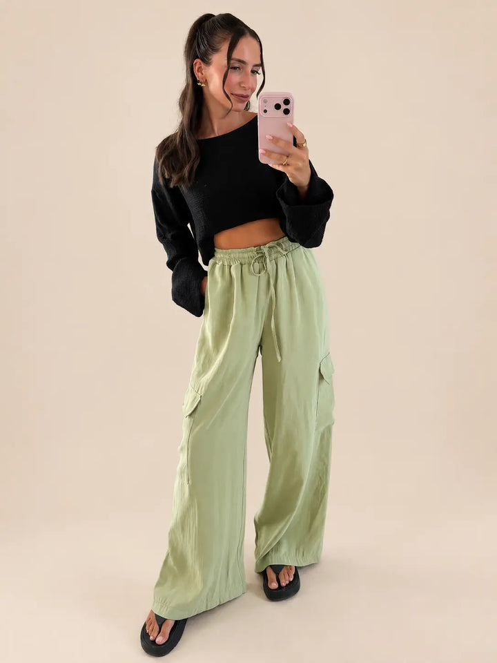 Women’s cargo trousers in Sage with side pockets | Lisa’s Boutique