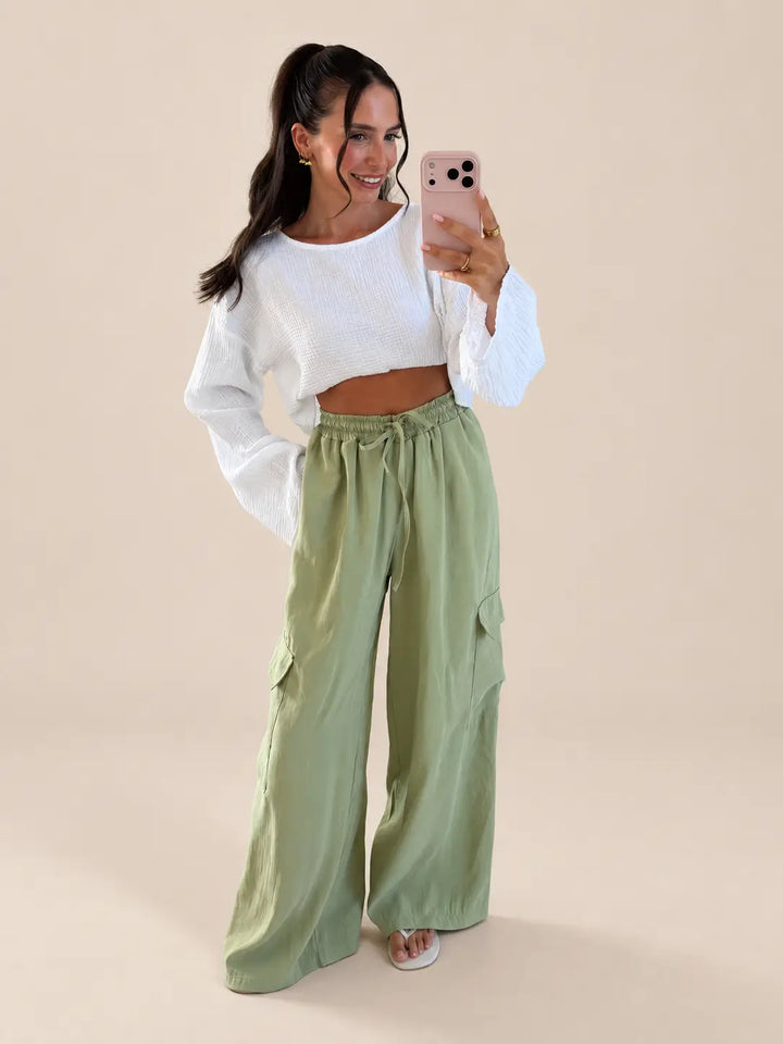 Women’s cargo trousers in Sage, pocket detail | Lisa’s Boutique