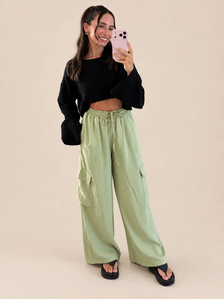 Women’s cargo trousers in Sage, Front view | Lisa’s Boutique