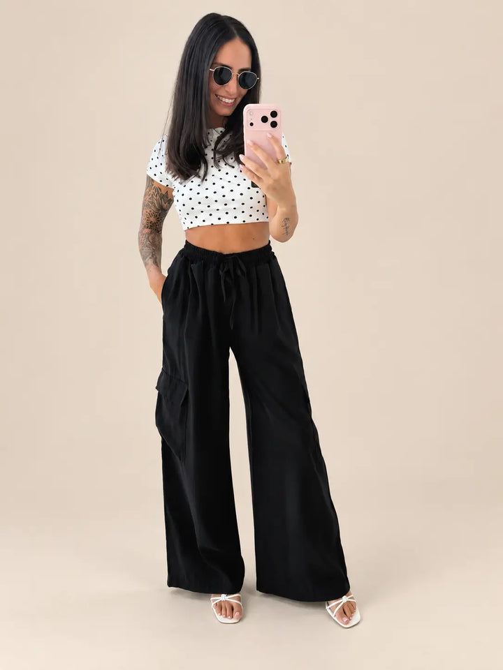 Cargobroek dames in Zwart, zakdetail | Lisa’s Boutique