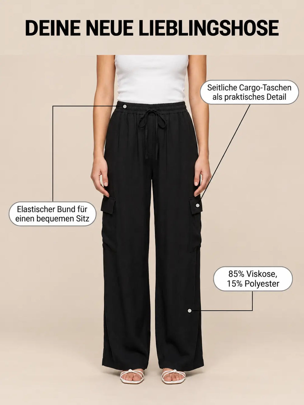 Women’s cargo trousers in Black, detail view | Lisa’s Boutique