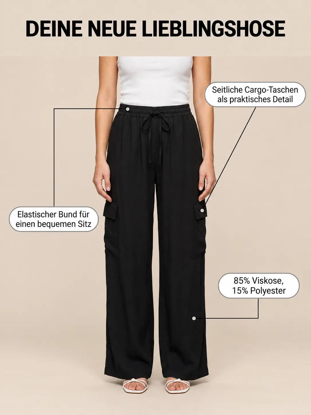 Cargobroek dames in Zwart, detailaanzicht | Lisa’s Boutique