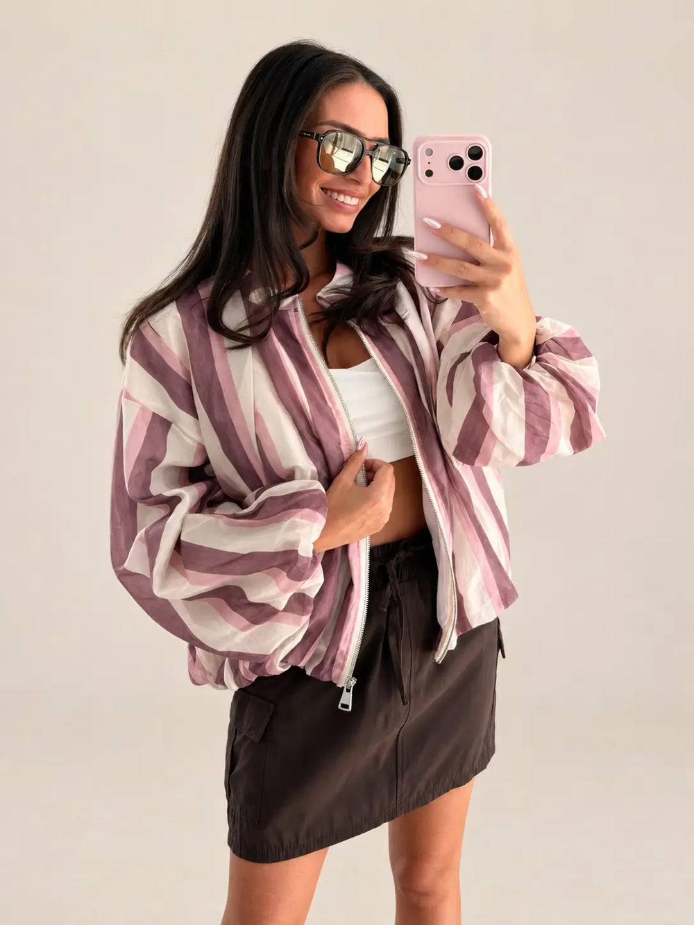 Women’s striped jacket in Rose with a white top and brown cargo skirt | Lisa’s Boutique