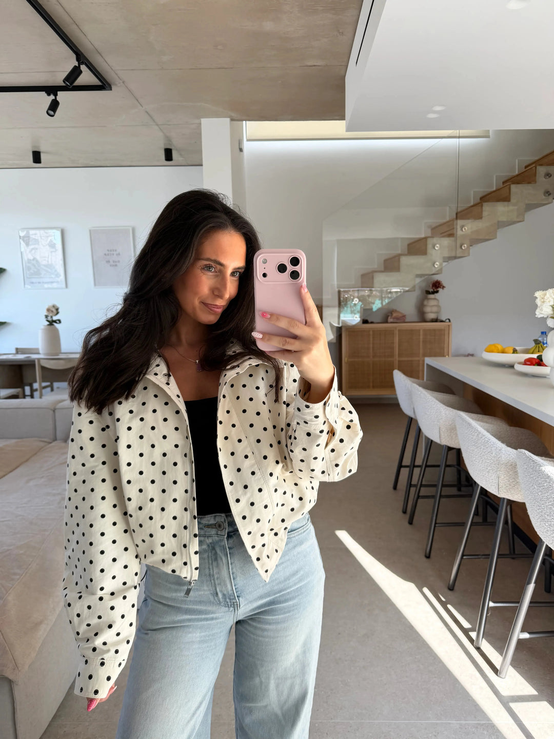 Cropped Jacke – Weiß mit schwarzen Punkten Jacke Lisas Boutique 