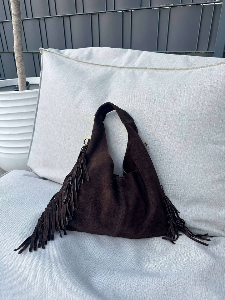 Dunkelbraune Fransen-Schultertasche in Wildlederoptik Tasche Lisas Boutique Dunkelbraun 