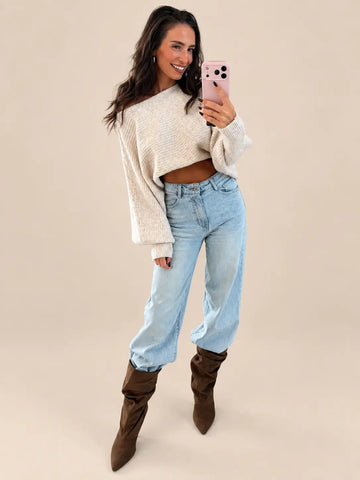 Women’s elegant jumper in Cream, worn with jeans and brown ankle boots | Lisa’s Boutique