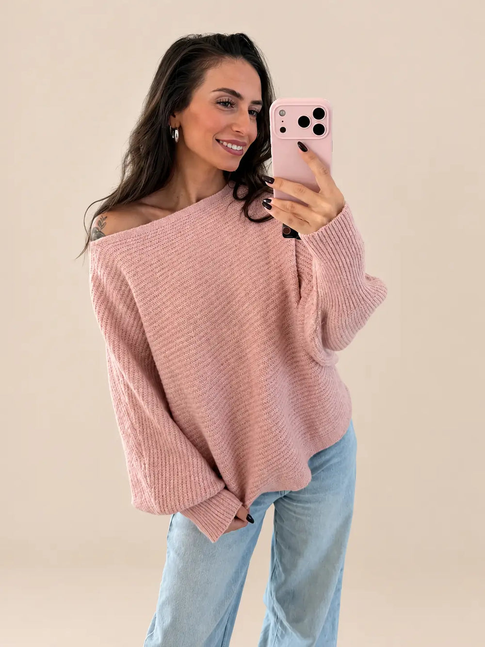 Eleganter Pullover Damen in Rosa mit weitem Ausschnitt und lockerem Fall | Lisa’s Boutique