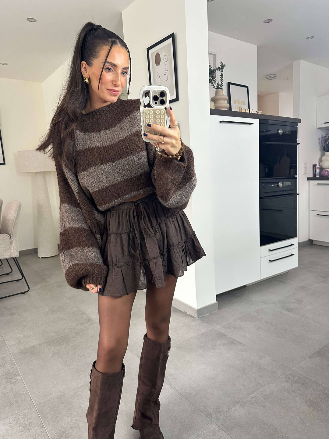 Flauschii kurz Oversize-Strickpullover in Braun gestreift Cardigan Lisas Boutique 