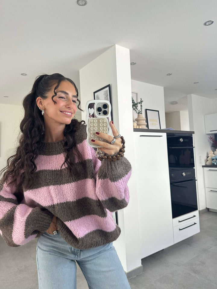 Flauschii kurz Oversize-Strickpullover in Braun/ Rosa gestreift Pullover Lisas Boutique 