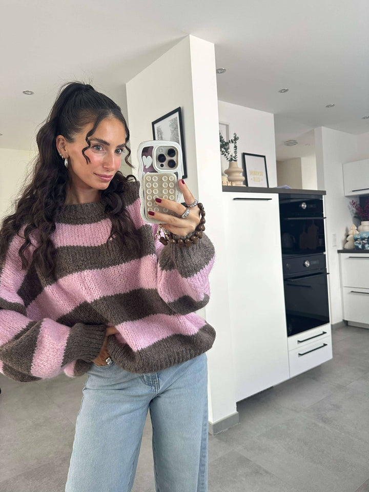 Flauschii kurz Oversize-Strickpullover in Braun/ Rosa gestreift Pullover Lisas Boutique 