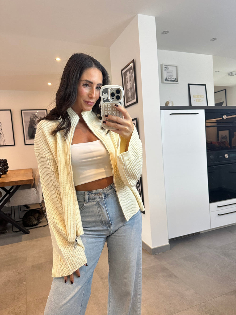 Gerippte Strickjacke mit Reißverschluss Creme Jacke Lisas Boutique 