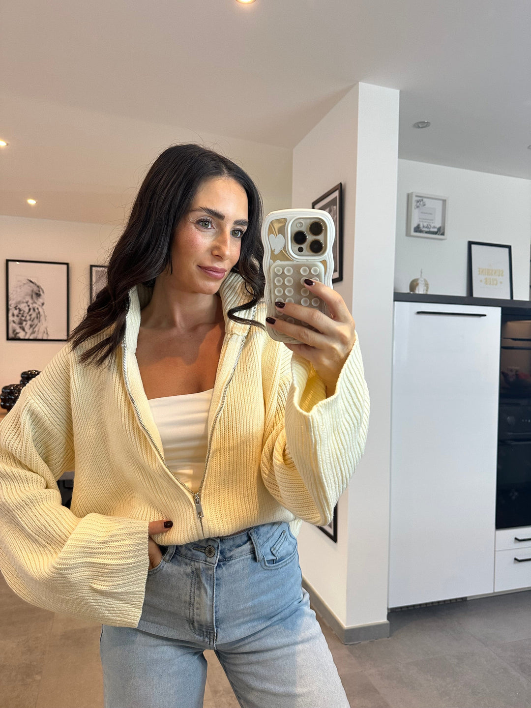 Gerippte Strickjacke mit Reißverschluss Creme Jacke Lisas Boutique 