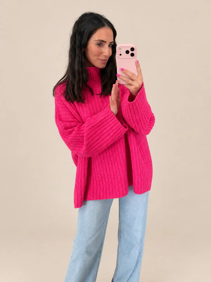 Gerippter Strickpullover Damen in Pink, Seitenansicht | Lisa’s Boutique