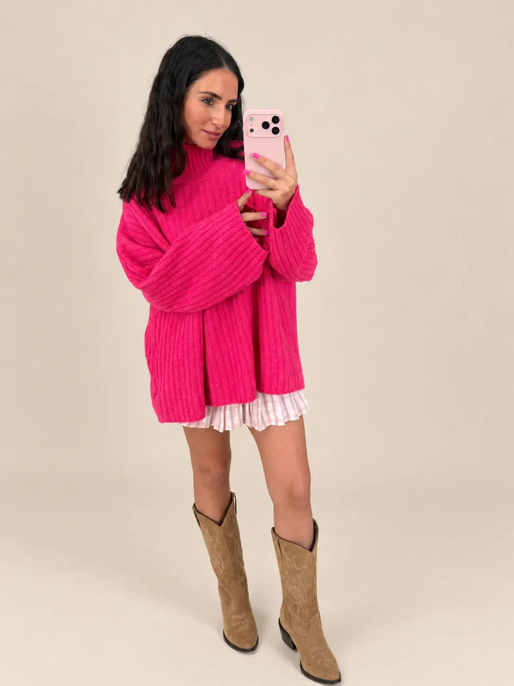 Gerippter Strickpullover Damen in Pink, Detailansicht | Lisa’s Boutique