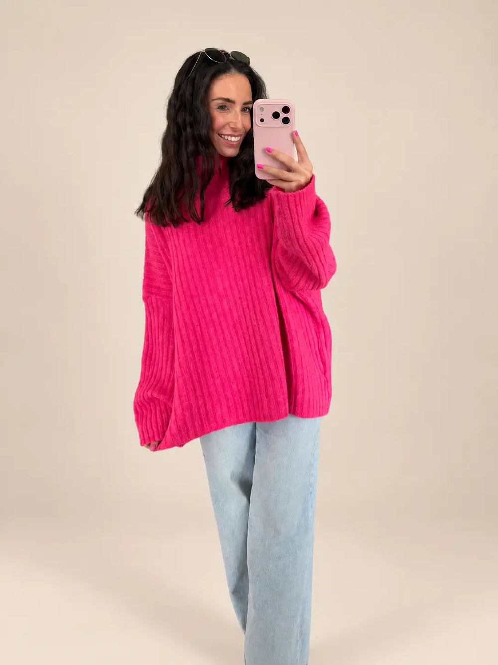 Gerippter Strickpullover Damen in Pink, Vorderansicht | Lisa’s Boutique