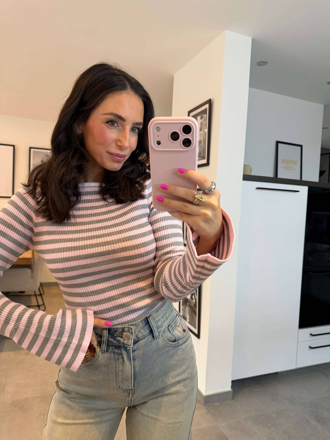 Geripptes Longsleeve Rosa/ Grau Pullover Lisas Boutique 