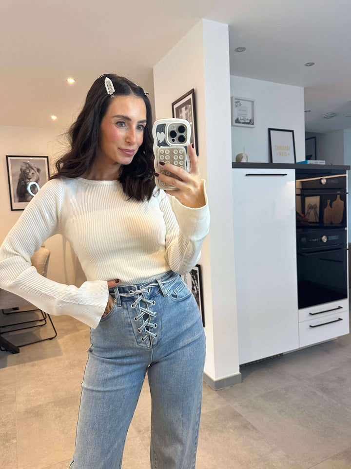 Geripptes Longsleeve Weiß Pullover Lisas Boutique 