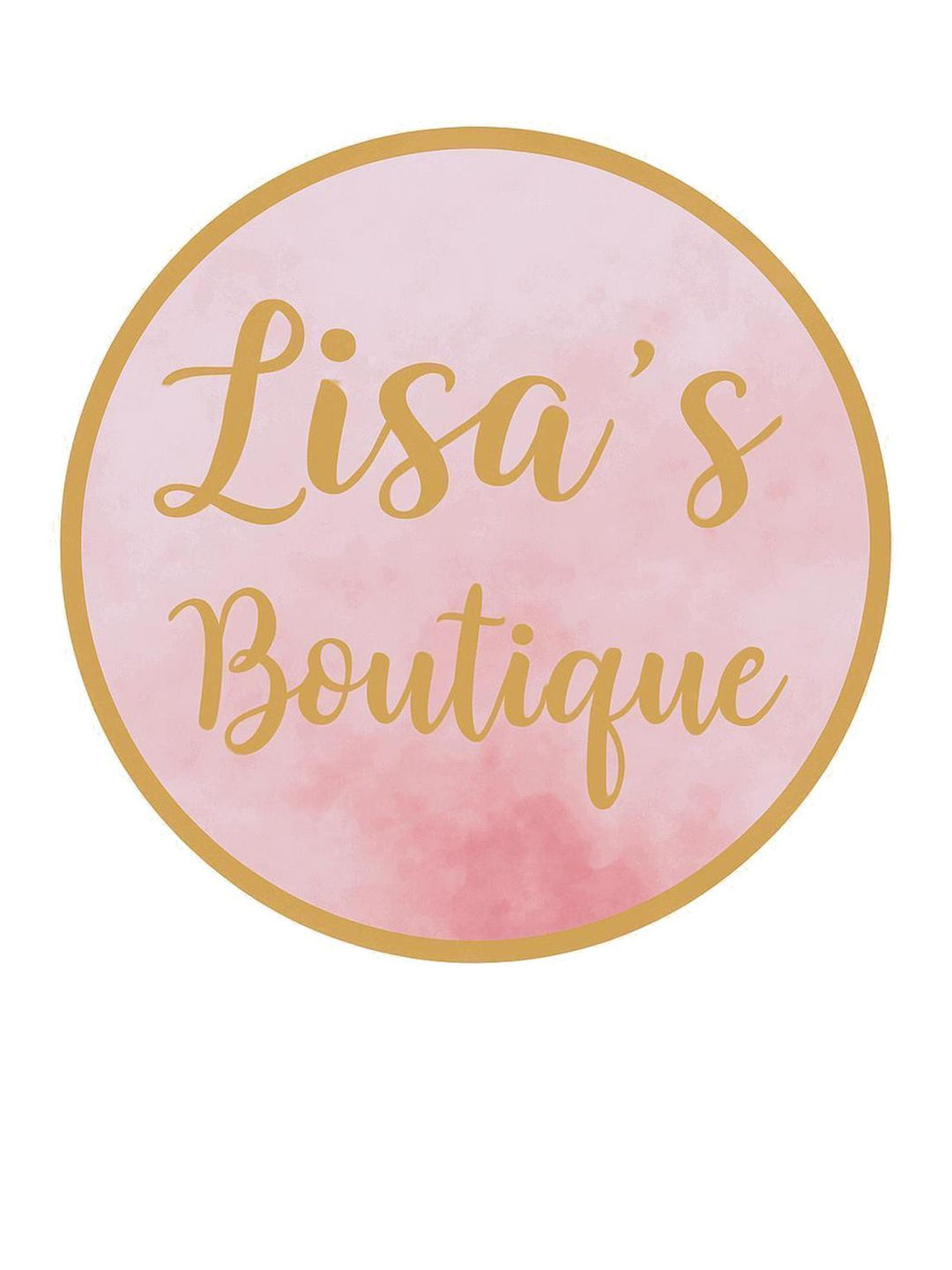 Lisa’s Boutique Geschenkgutschein – stilvolles rundes Logo mit rosa Aquarell-Hintergrund und goldener Schrift, ideal für modische Geschenkideen