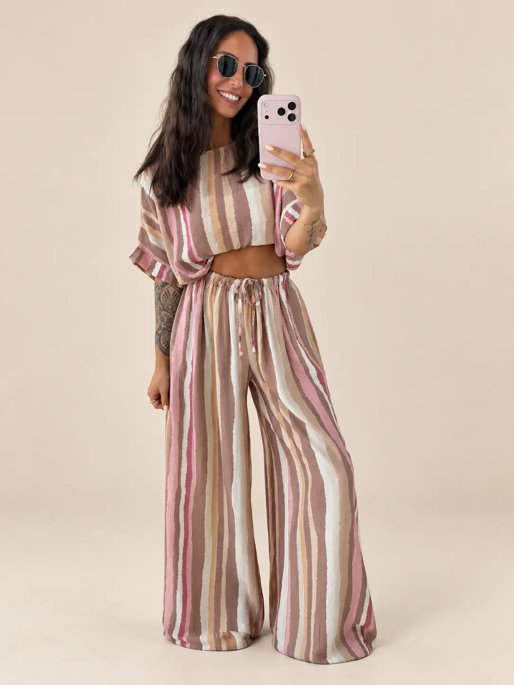 Gestreifte Schlabberhose Damen in Beige, weitere Ansicht | Lisa’s Boutique