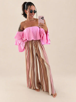 Gestreifte Schlabberhose – Beige