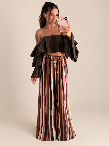 Gestreifte Schlabberhose Damen in Braun im Outfit mit Musselin Top | Lisa’s Boutique