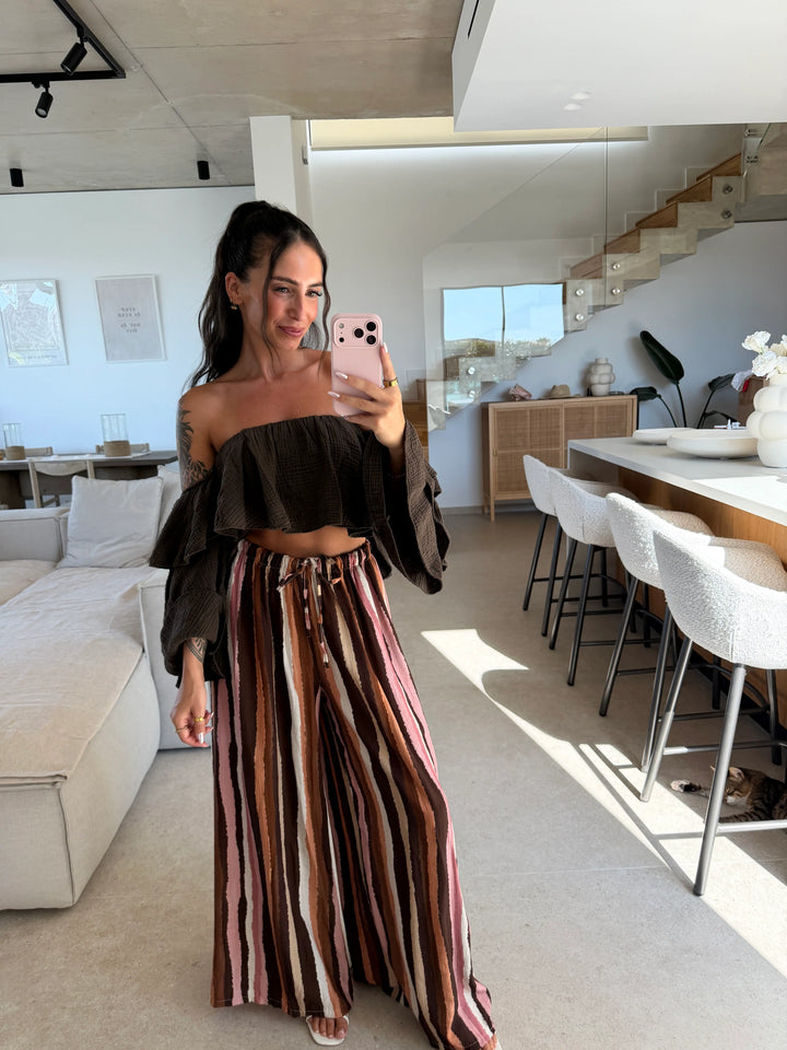 Gestreifte Hose Damen in Braun mit Rost und Creme, weitem Bein und elastischem Bund mit Bindeband | Lisa’s Boutique