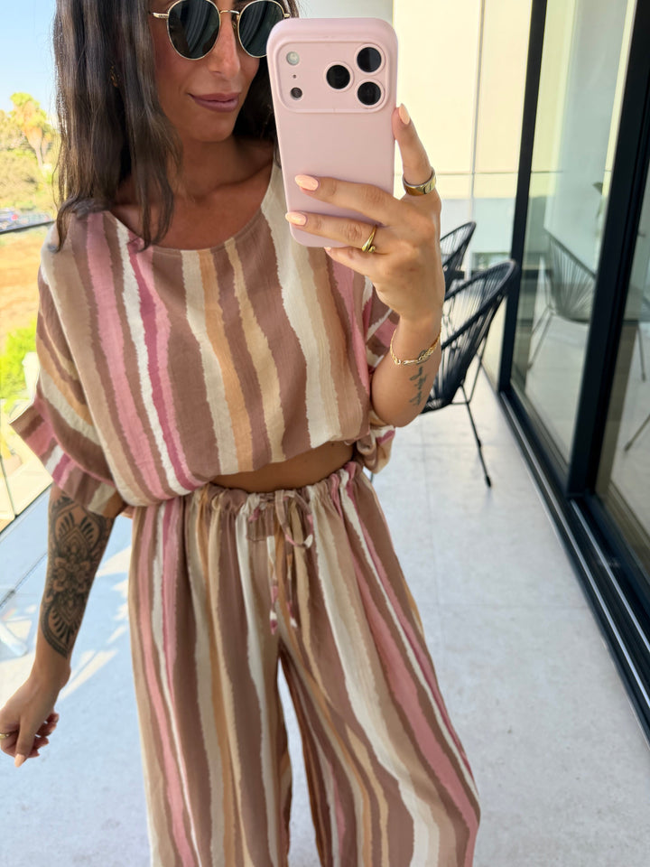 Gestreepte blouse dames in Beige met een ontspannen pasvorm | Lisa’s Boutique