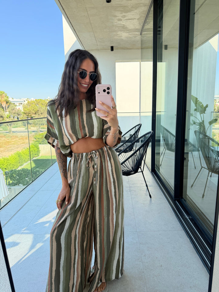 Gestreifte Shirtbluse Damen in Khaki, Detailansicht | Lisa’s Boutique