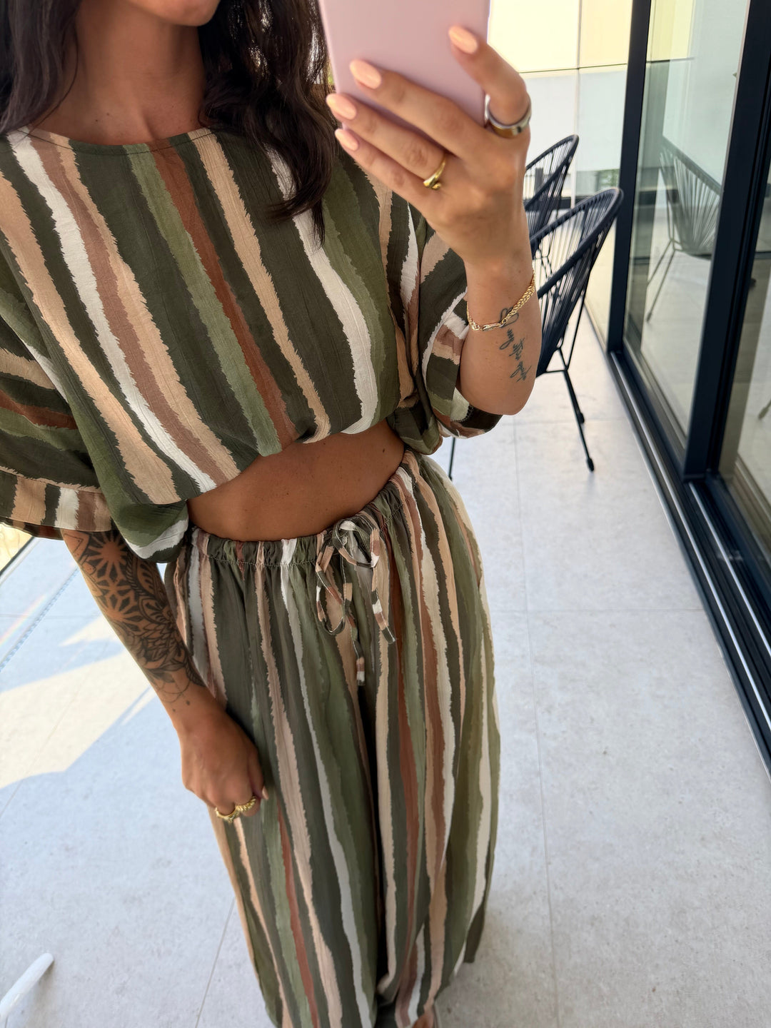Gestreifte Shirtbluse – Khaki Bluse Lisas Boutique 