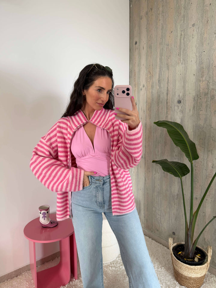 Gestreifte Strickjacke mit Reißverschluss – Pink Strickjacke Lisas Boutique 