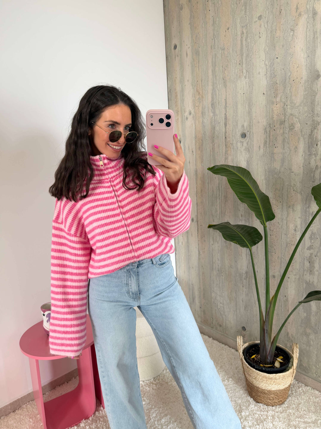 Gestreifte Strickjacke mit Reißverschluss – Pink Strickjacke Lisas Boutique 