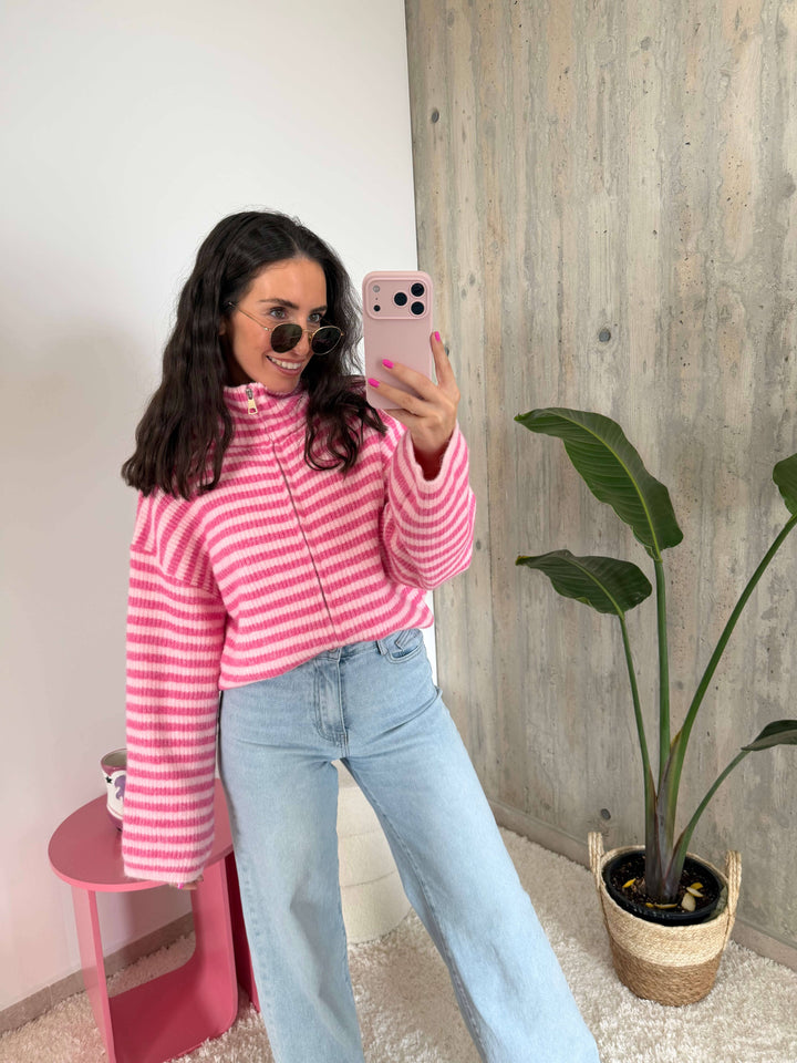 Gestreifte Strickjacke mit Reißverschluss – Pink Strickjacke Lisas Boutique 