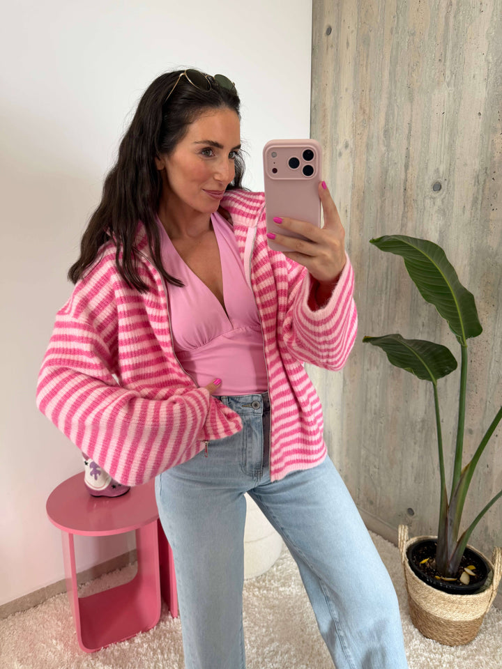 Gestreifte Strickjacke mit Reißverschluss – Pink Strickjacke Lisas Boutique 