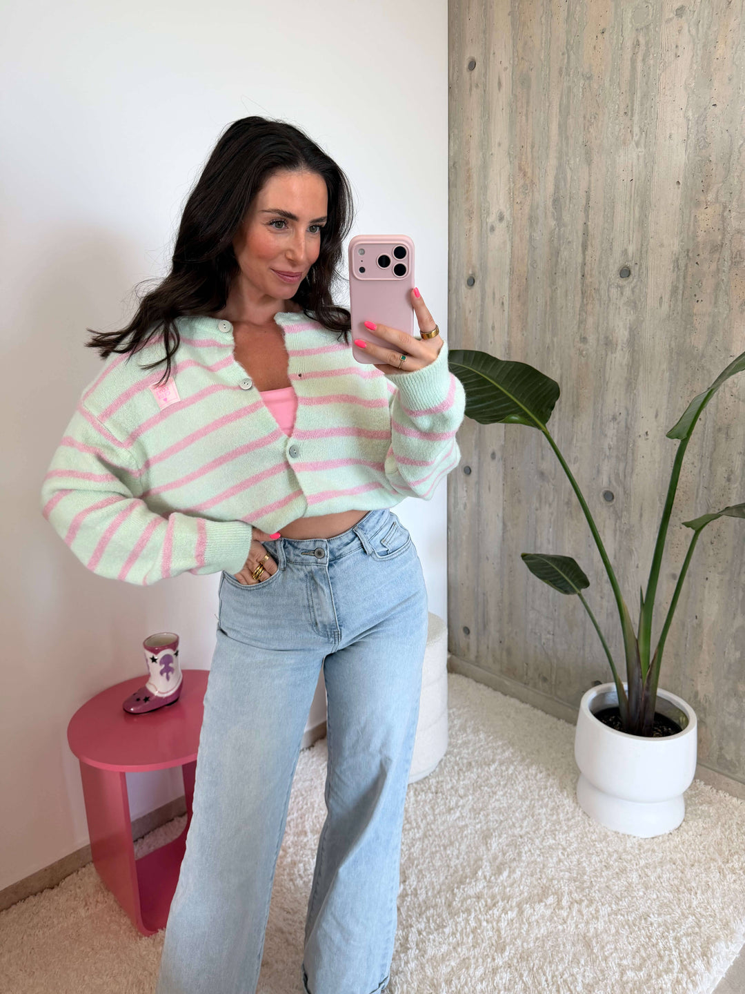 Gestreifter Kurzstrick-Cardigan – Mint/Rosa Cardigan Lisas Boutique 