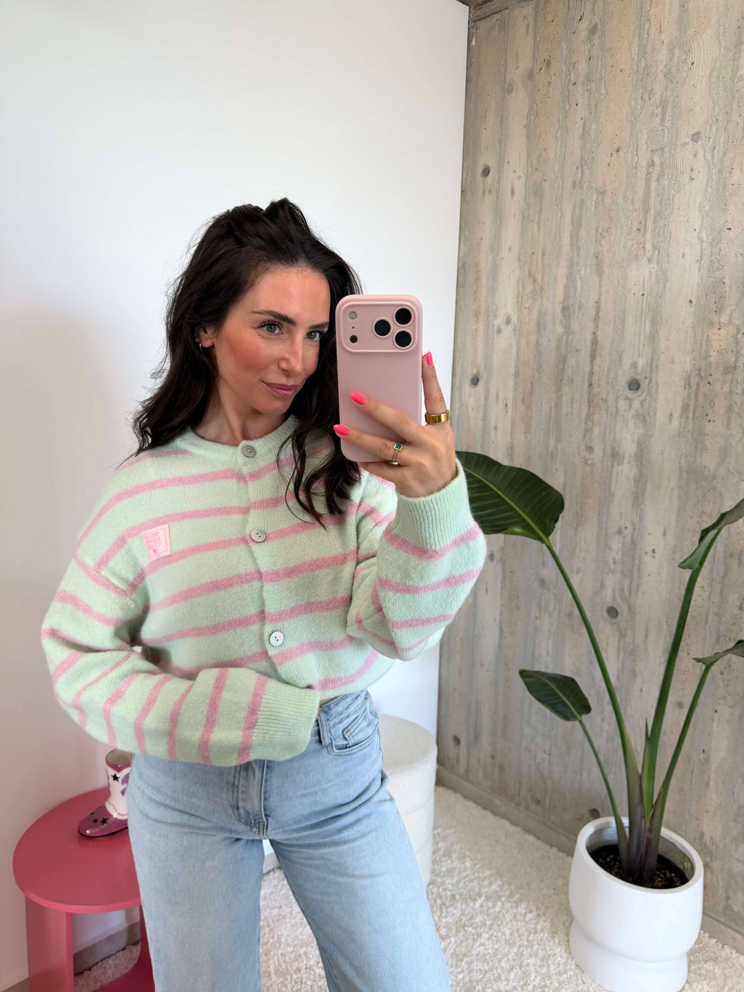 Gestreifter Kurzstrick-Cardigan – Mint/Rosa Cardigan Lisas Boutique 