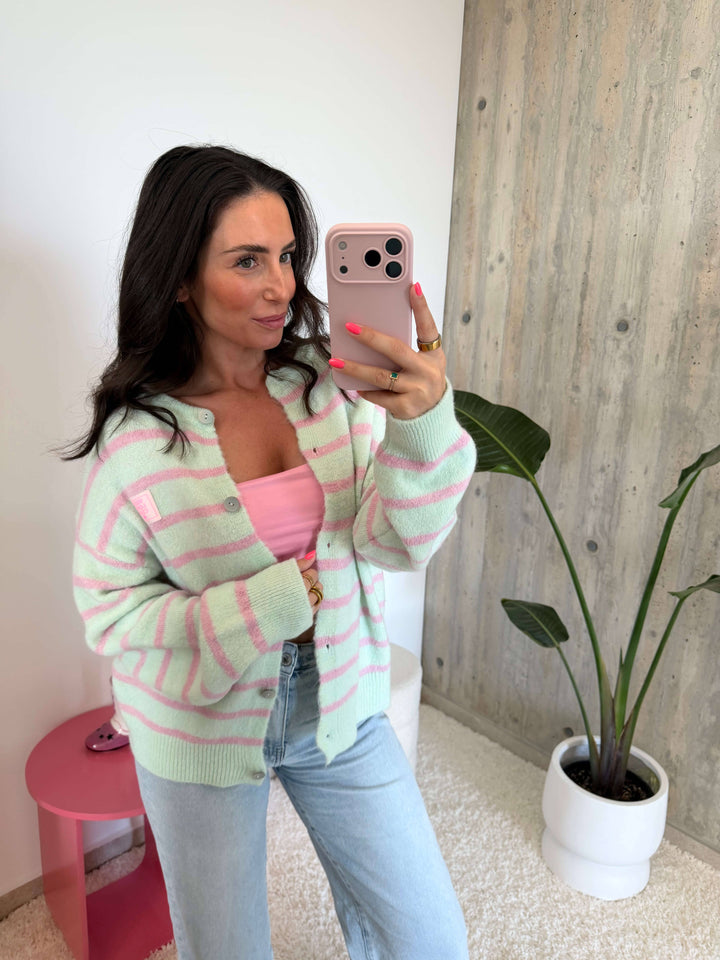Gestreifter Kurzstrick-Cardigan – Mint/Rosa Cardigan Lisas Boutique 