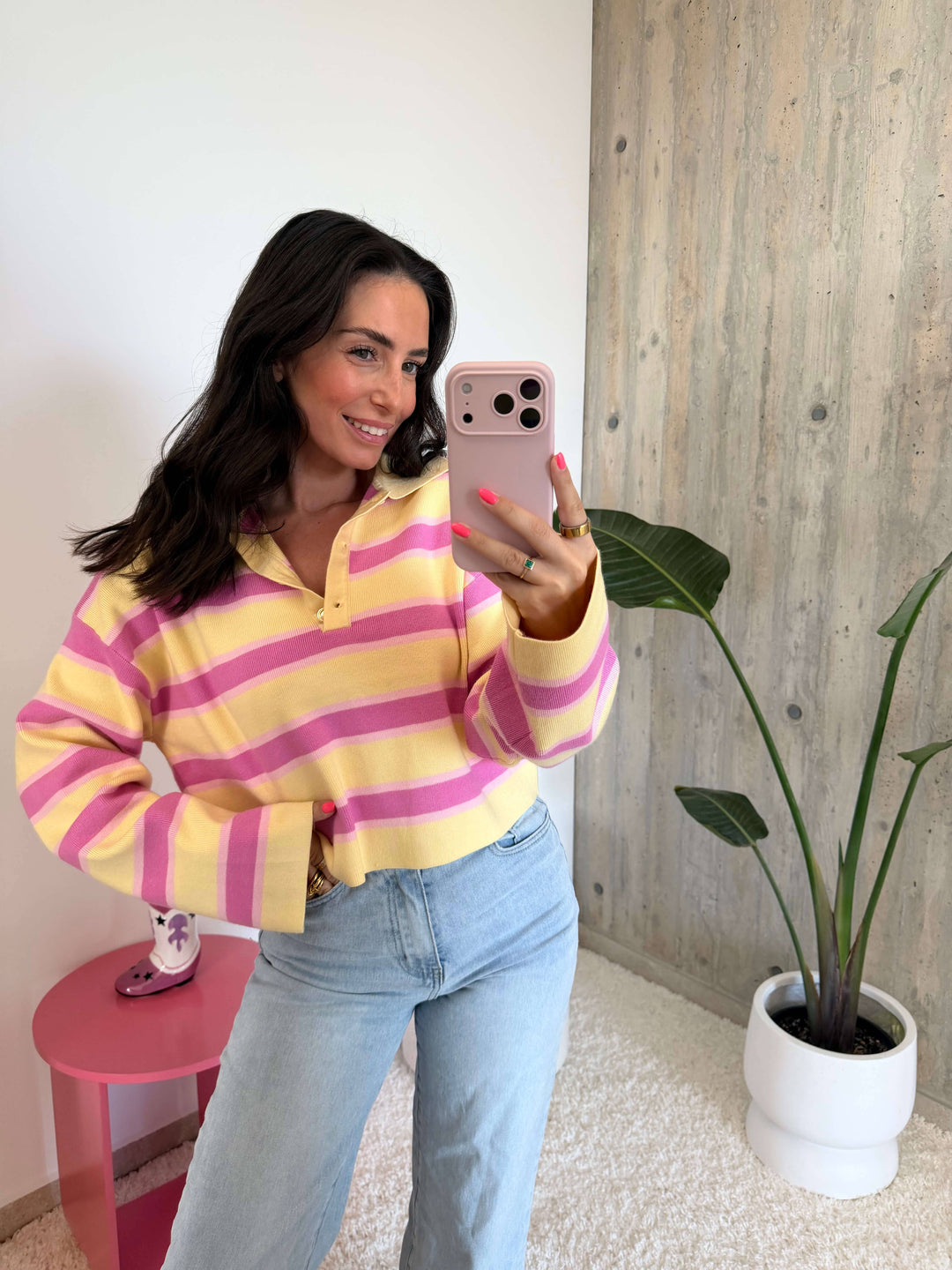 Gestreifter Polo-Strickpullover – Gelb/Rosa Hemd Lisas Boutique 